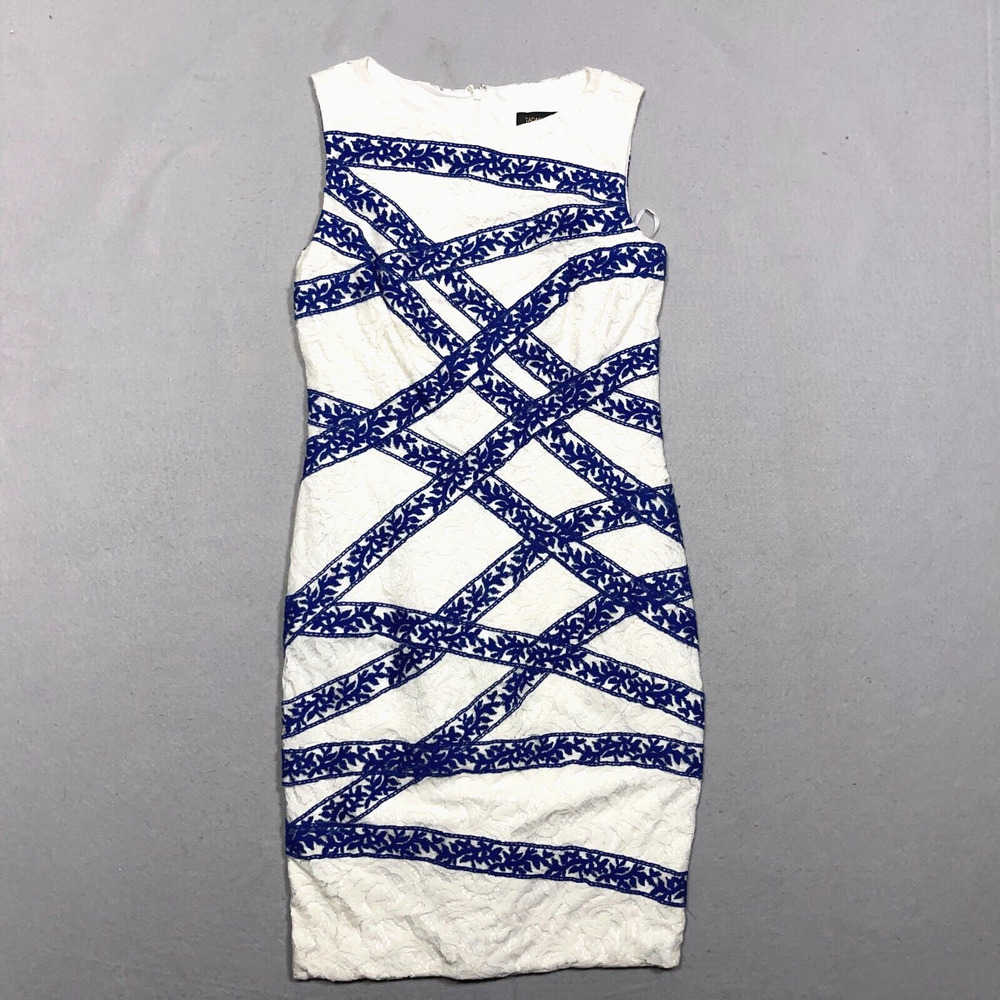 Tadashi Shoji Dress Women 10 White‎ Blue Sleeveless Lace Sheath Cocktail NWT
